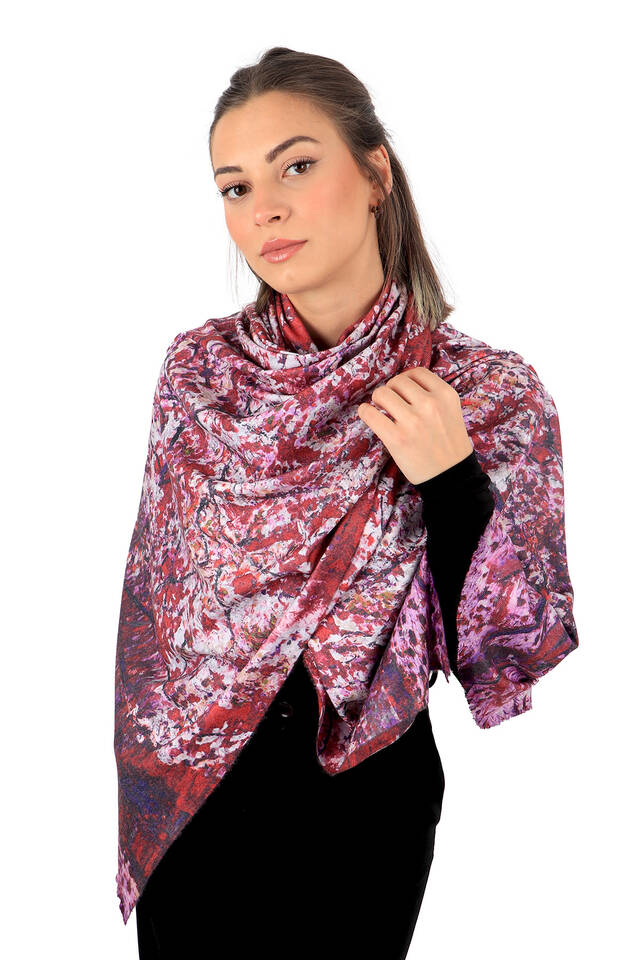 Burgundy Peach Tree Pattern Winter Shawl - 2