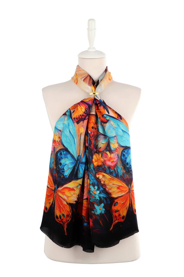Turquoise Butterfly Pattern Silk Scarf - 2