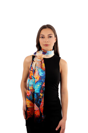 Turquoise Butterfly Pattern Silk Scarf 