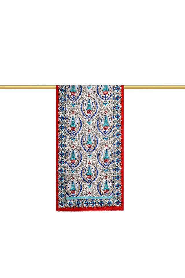 Kırmızı Bej Büyük Lale Vual İpek Fular - 2