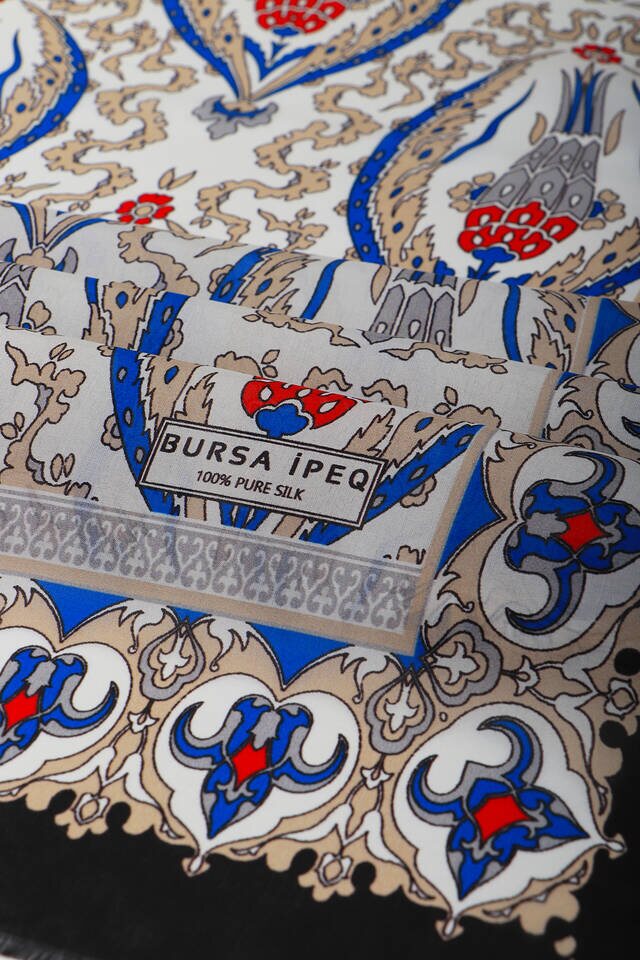 Siyah Bej Büyük Lale Vual İpek Fular - 3