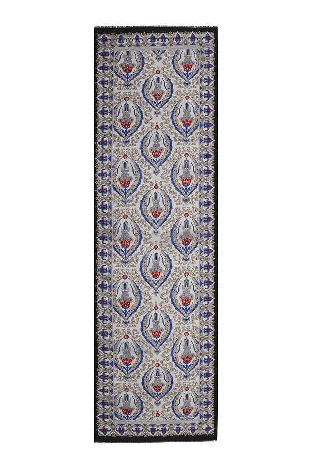 Siyah Bej Büyük Lale Vual İpek Fular - 4