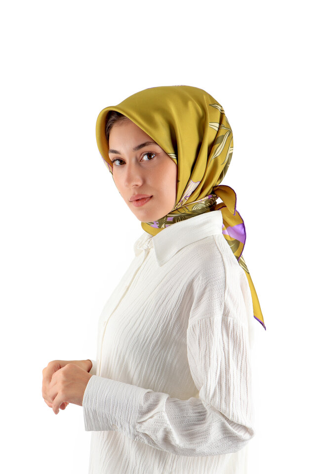 Asit Yeşil Çağla Desen Twill İpek Eşarp 