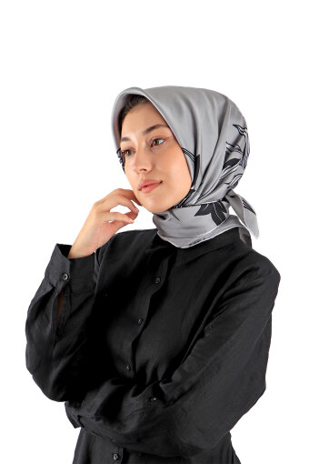 Gri Çağla Desen Twill İpek Eşarp 
