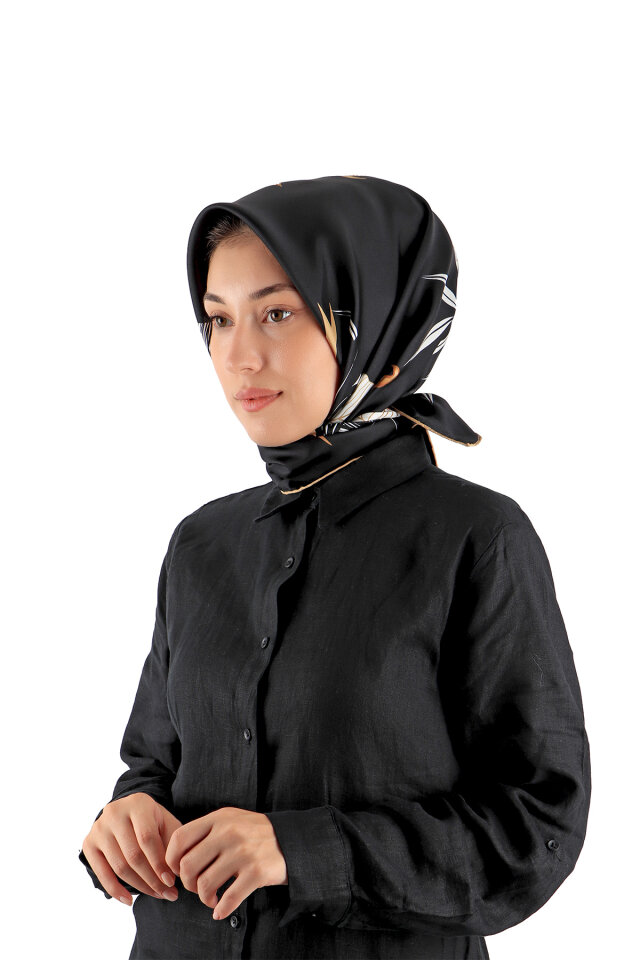 Siyah Çağla Desen Twill İpek Eşarp 