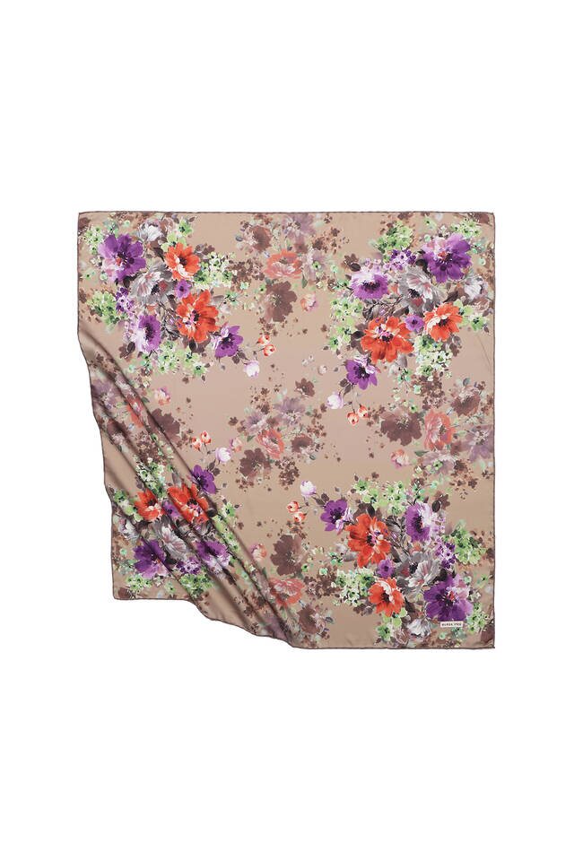 Camel Sardunya Pattern Silky Square Scarf 