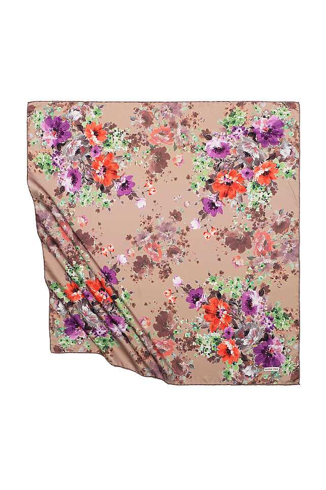 Camel Sardunya Pattern Silky Square Scarf 