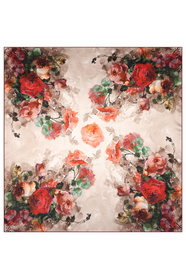 Burgundy Camellia Pattern Sura Silk Scarf - 3