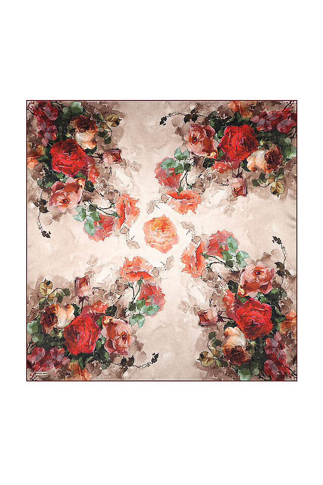 Burgundy Camellia Pattern Sura Silk Scarf 