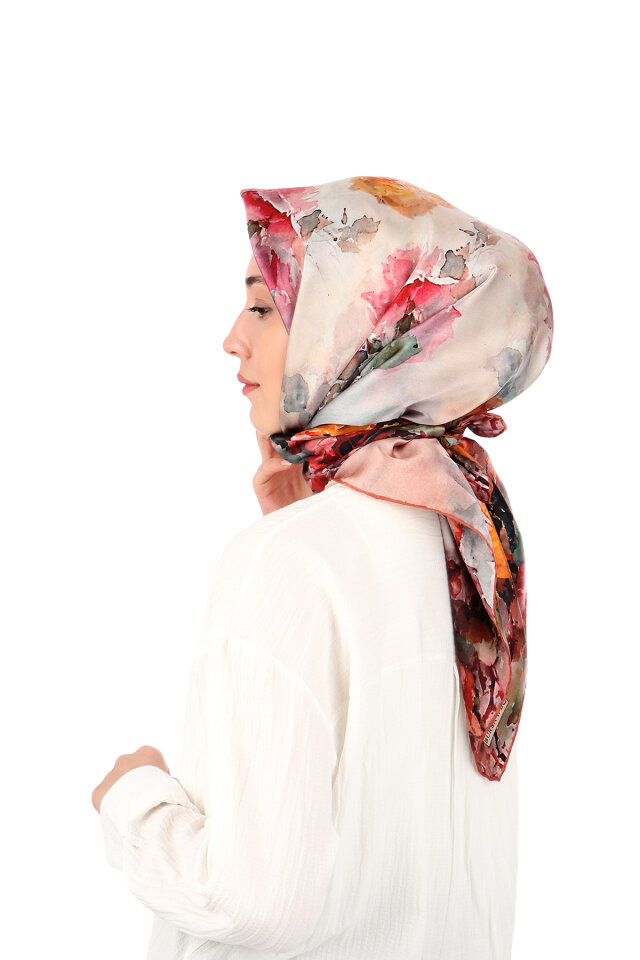 Dark Salmon Camellia Pattern Sura Silk Scarf - 2