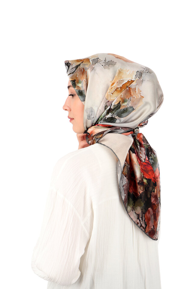 Gray Camellia Pattern Sura Silk Scarf - 2