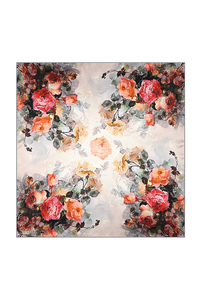 Gray Camellia Pattern Sura Silk Scarf 