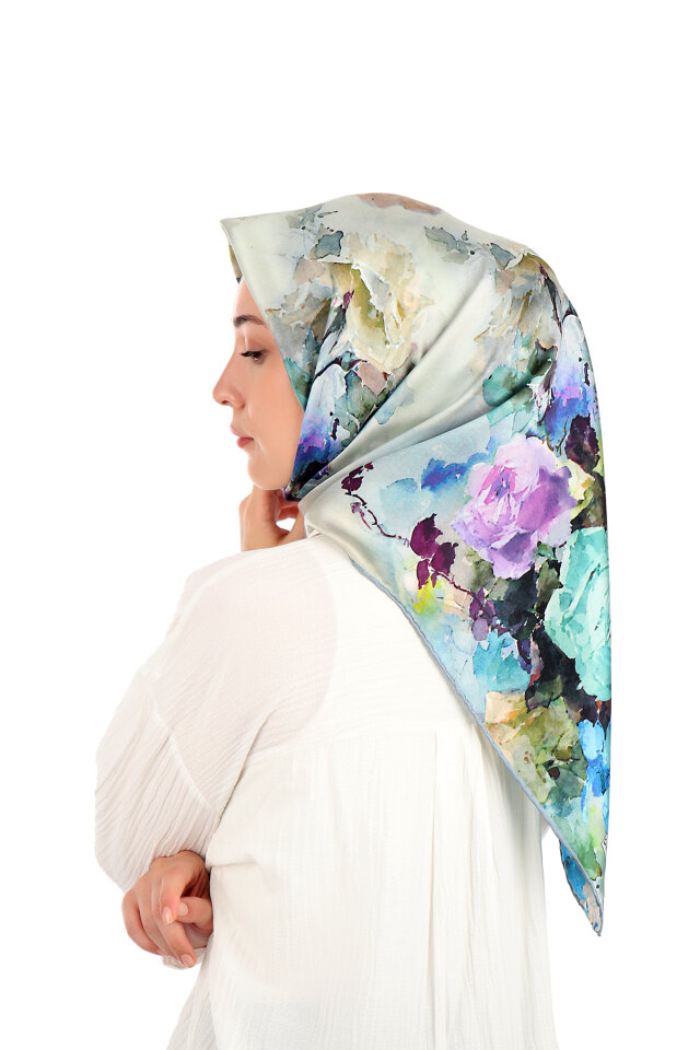 Mint Camellia Pattern Sura Silk Scarf - 2