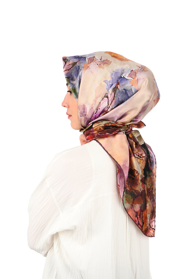 Damson Camellia Pattern Sura Silk Scarf - 2