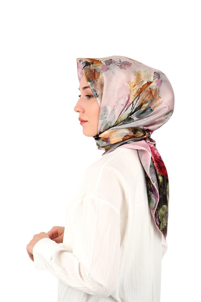 Pink Camellia Pattern Sura Silk Scarf - 2