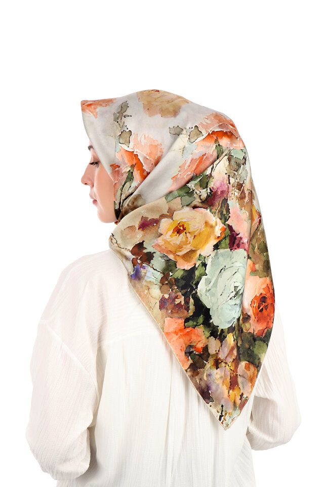 Aqua Green Camellia Pattern Sura Silk Scarf - 2