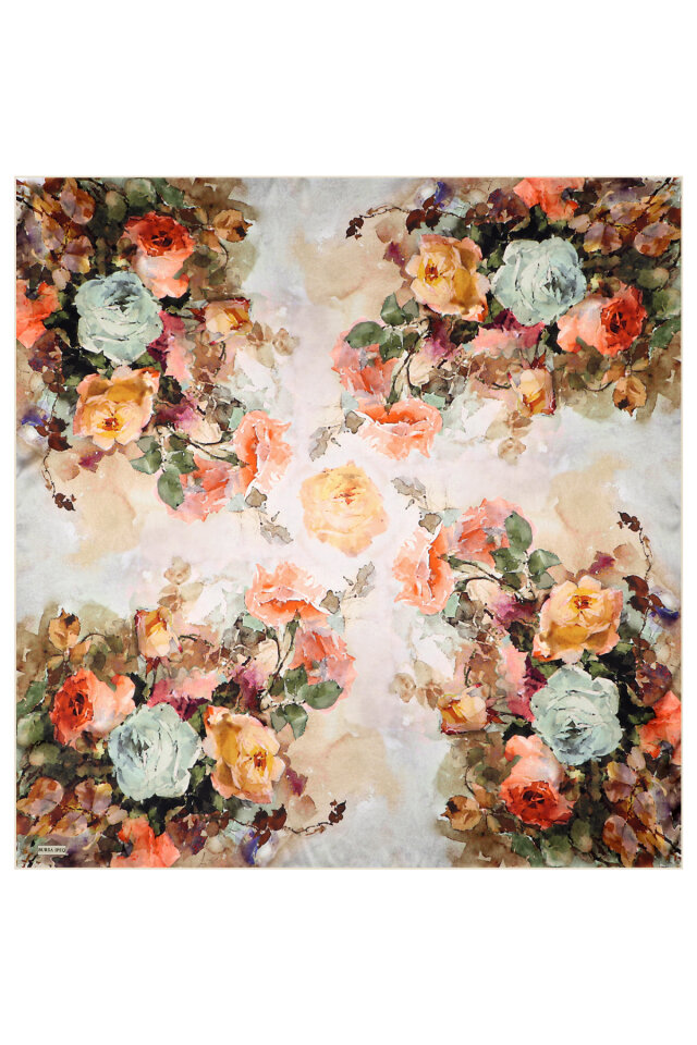 Aqua Green Camellia Pattern Sura Silk Scarf - 3