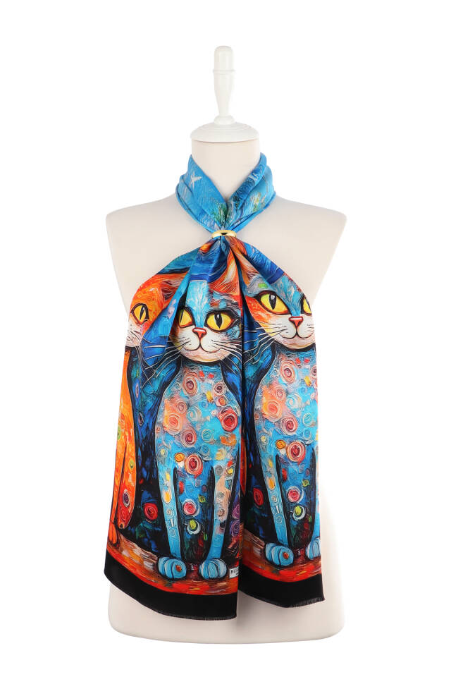 Orange Cat Pattern Silk Scarf - 2