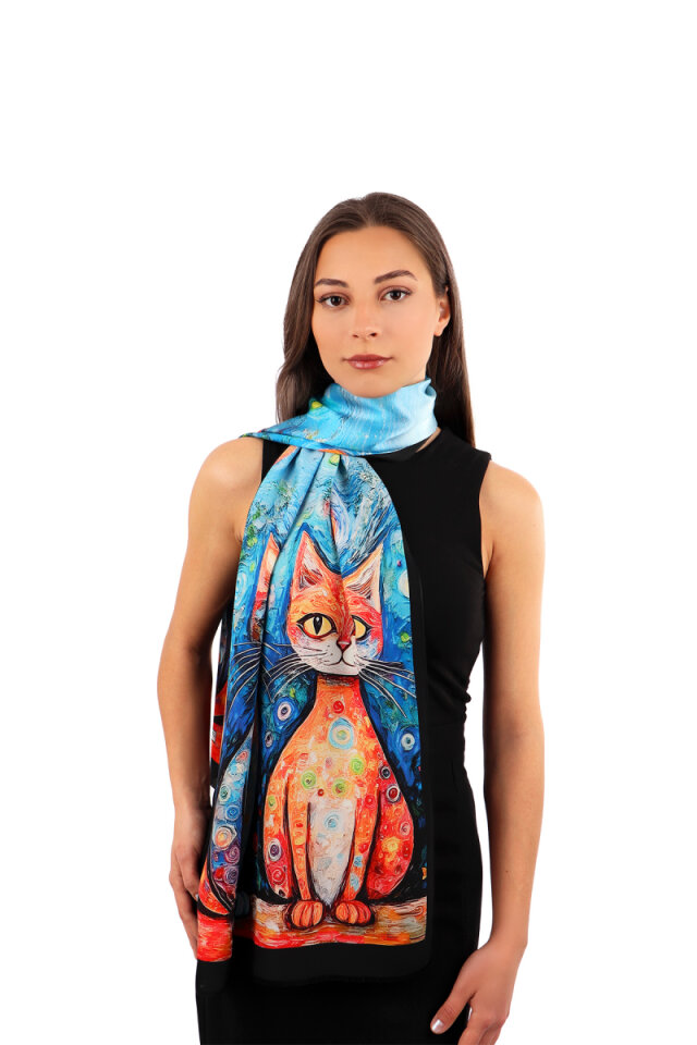 Orange Cat Pattern Silk Scarf - Bursa İpek