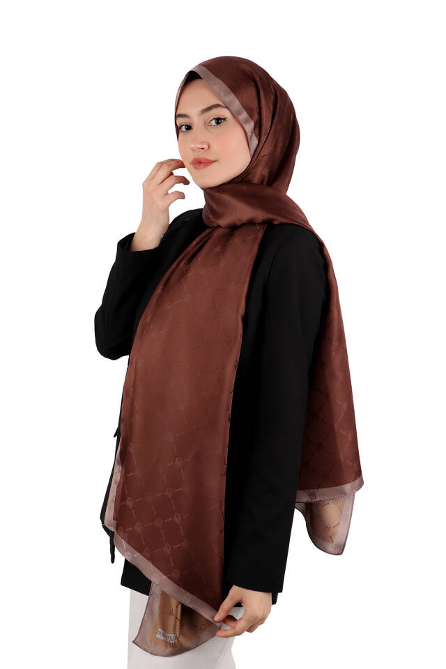 Brown Chain Monogram Pattern Silk Shawl - 2