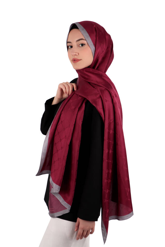 Burgundy Chain Monogram Pattern Silk Shawl - 2