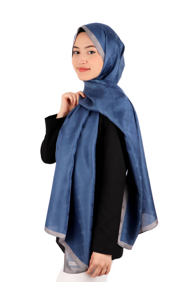 Navy Blue Chain Monogram Pattern Silk Shawl - 2