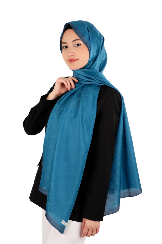 Petrol Blue Chain Monogram Pattern Silk Shawl - 2