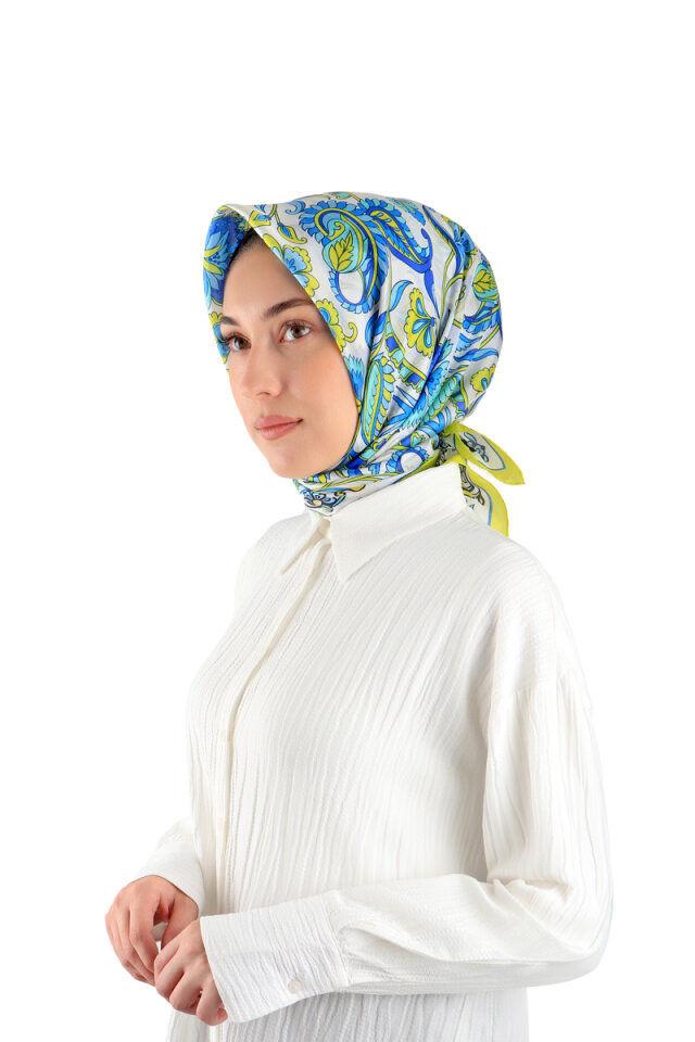 Asit Yeşil Çiçek Desen Vual İpek Eşarp - Bursa İpek