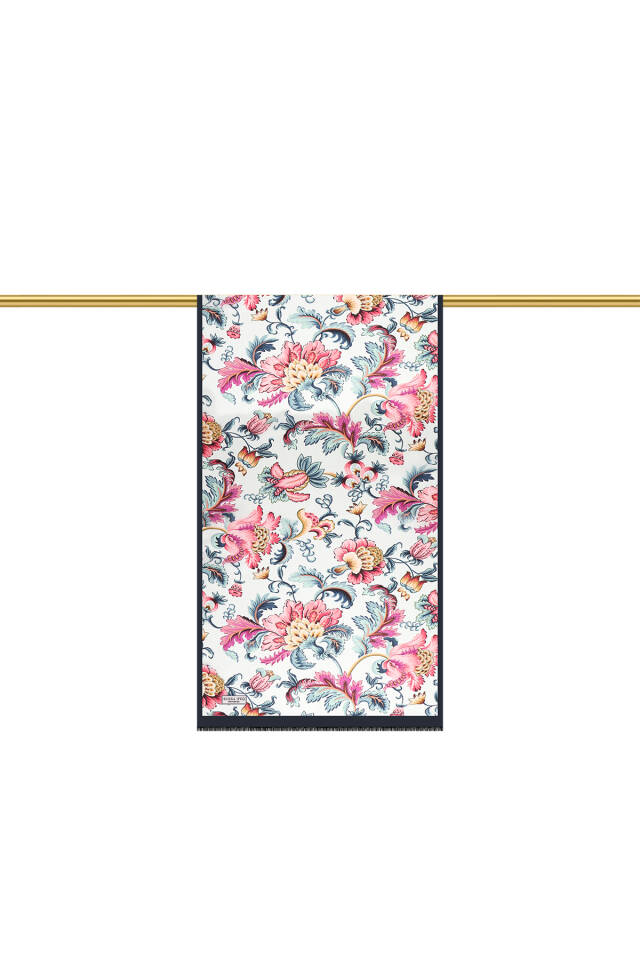 Lacivert Çiçek Desen Vual İpek Fular - 3