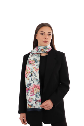 Lacivert Çiçek Desen Vual İpek Fular 