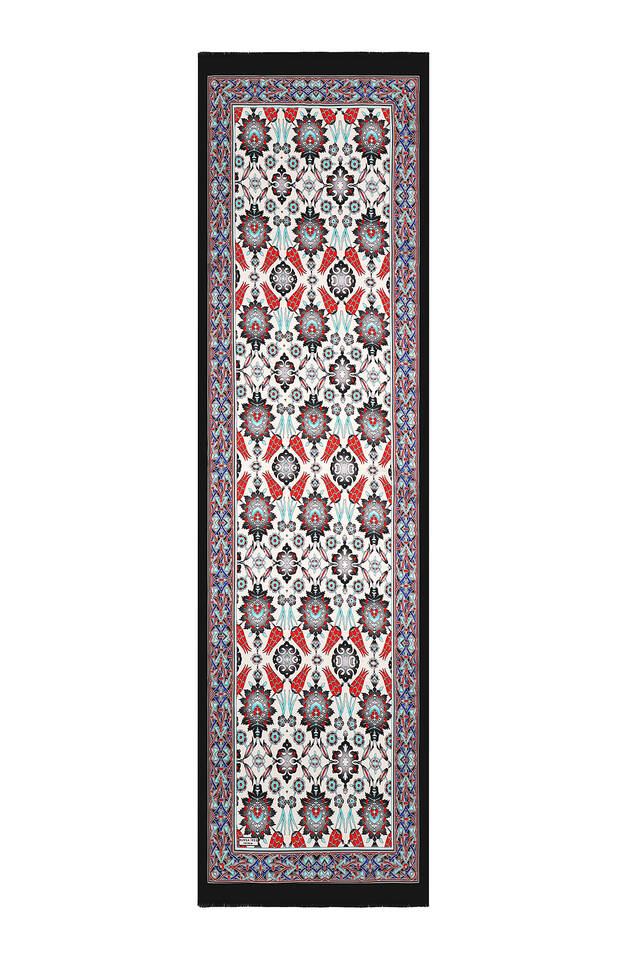 Gri Çini Lale Desen Dar İpek Fular - 4