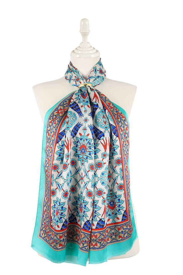 Yeşil Çini Lale Desen Dar İpek Fular - 1