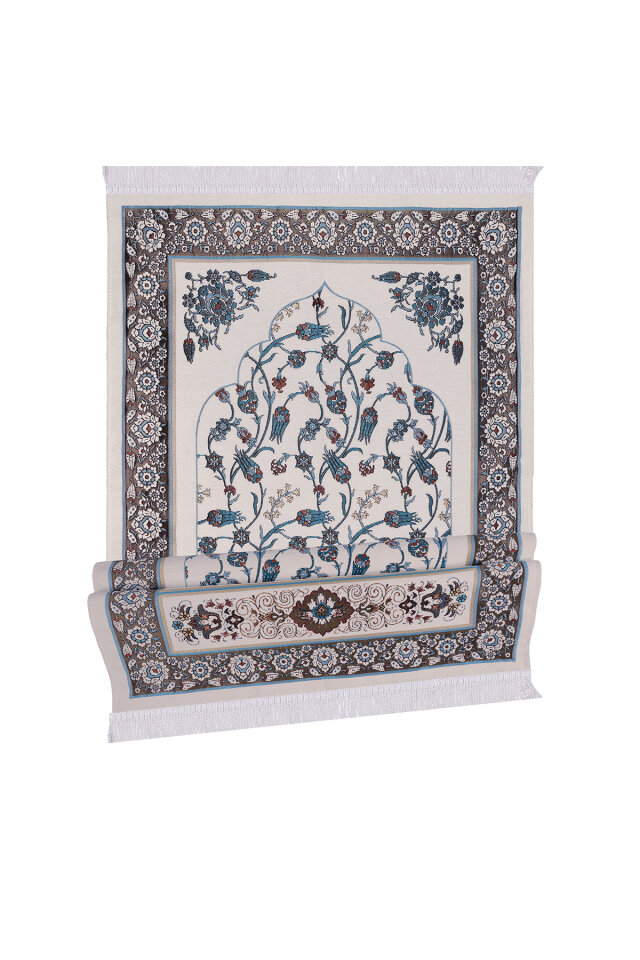 Beyaz Çini Lale Desen Özel Dokuma Seccade - 4