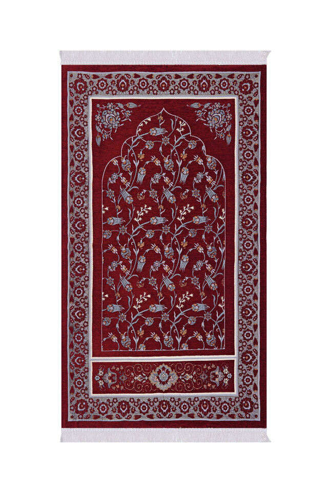 Bordo Çini Lale Desen Özel Dokuma Seccade - Bursa İpek