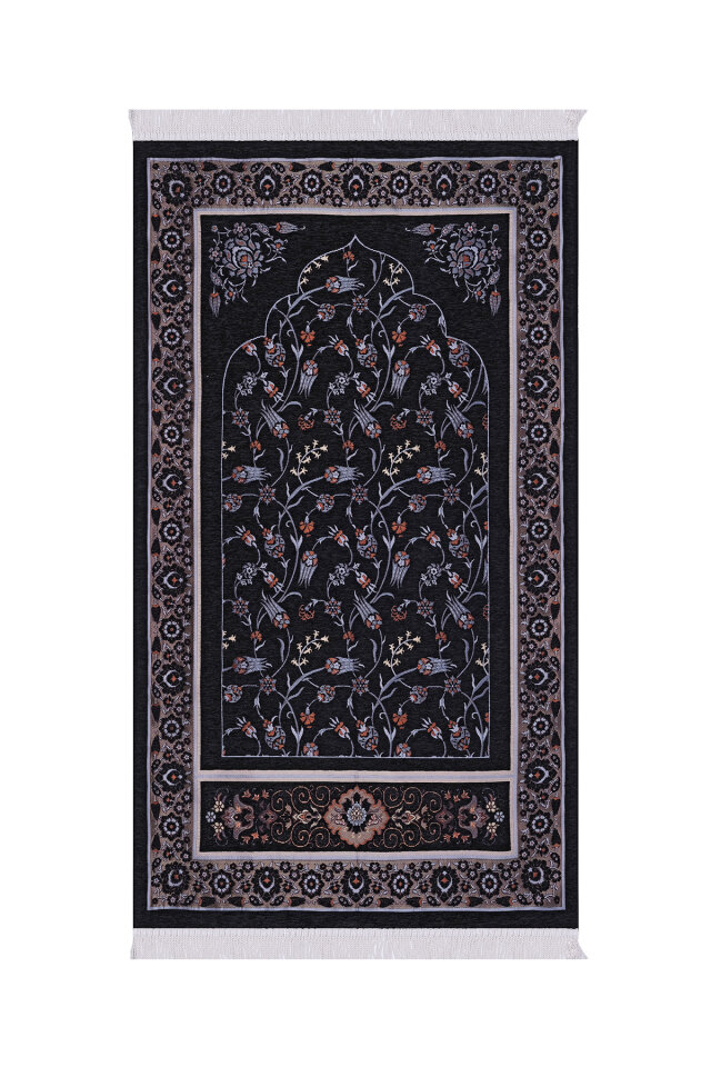 Siyah Çini Lale Desen Özel Dokuma Seccade 
