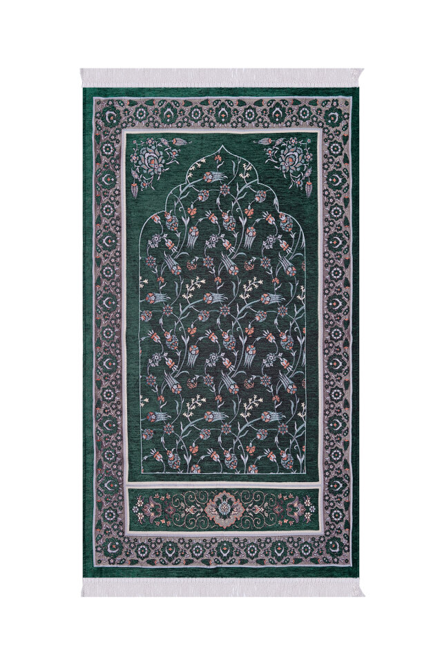 Yeşil Çini Lale Desen Özel Dokuma Seccade - Bursa İpek