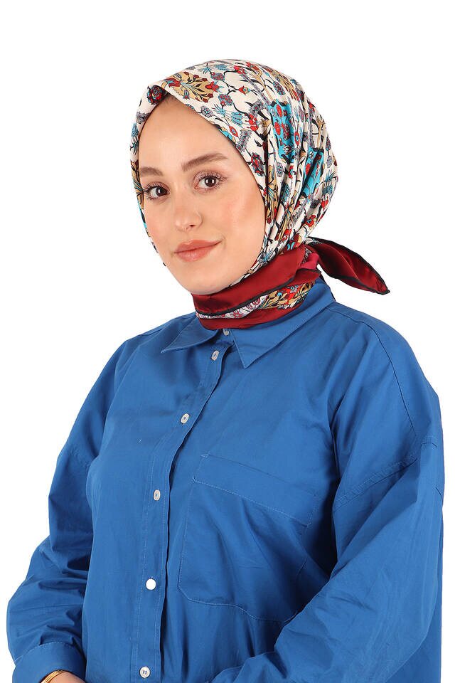 Bordo Çini Lale Desen İpeksi Eşarp - 2