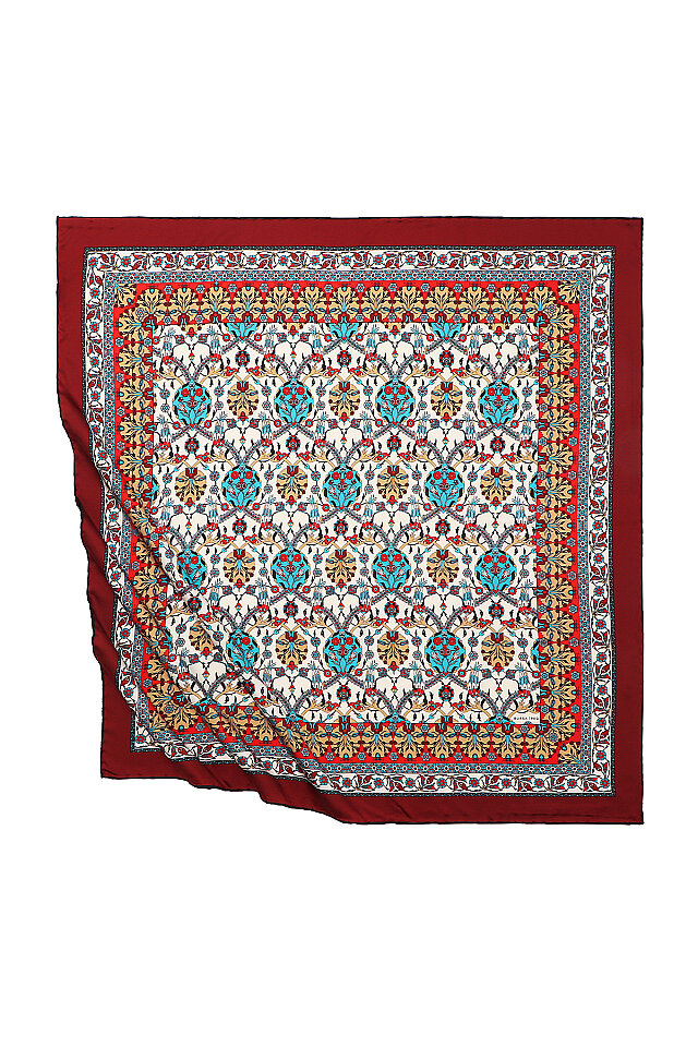 Bordo Çini Lale Desen İpeksi Eşarp 