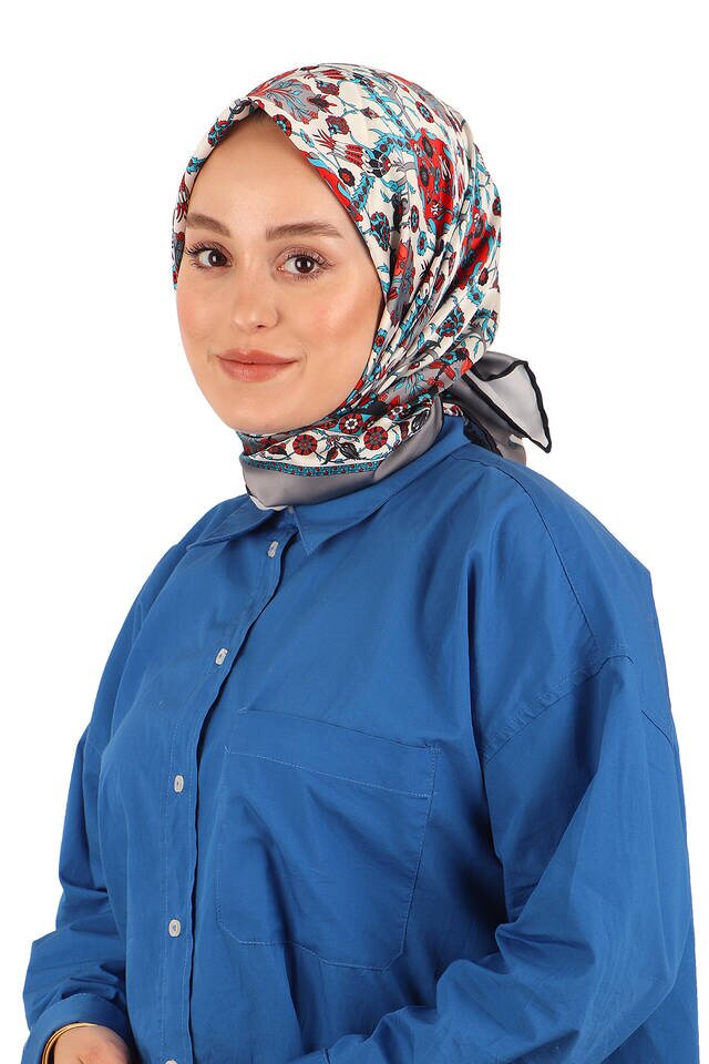 Gri Çini Lale Desen İpeksi Eşarp - 2