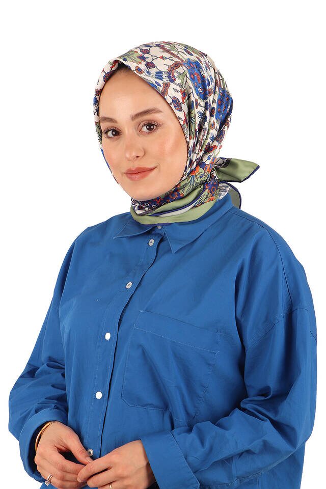 Haki Çini Lale Desen İpeksi Eşarp - 2