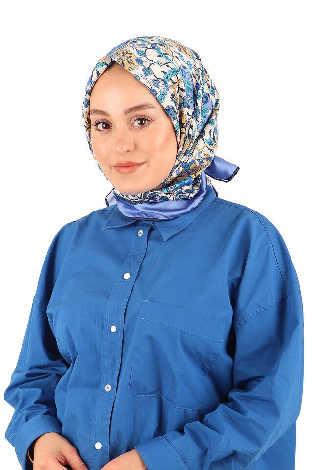 İndigo Çini Lale Desen İpeksi Eşarp - 2