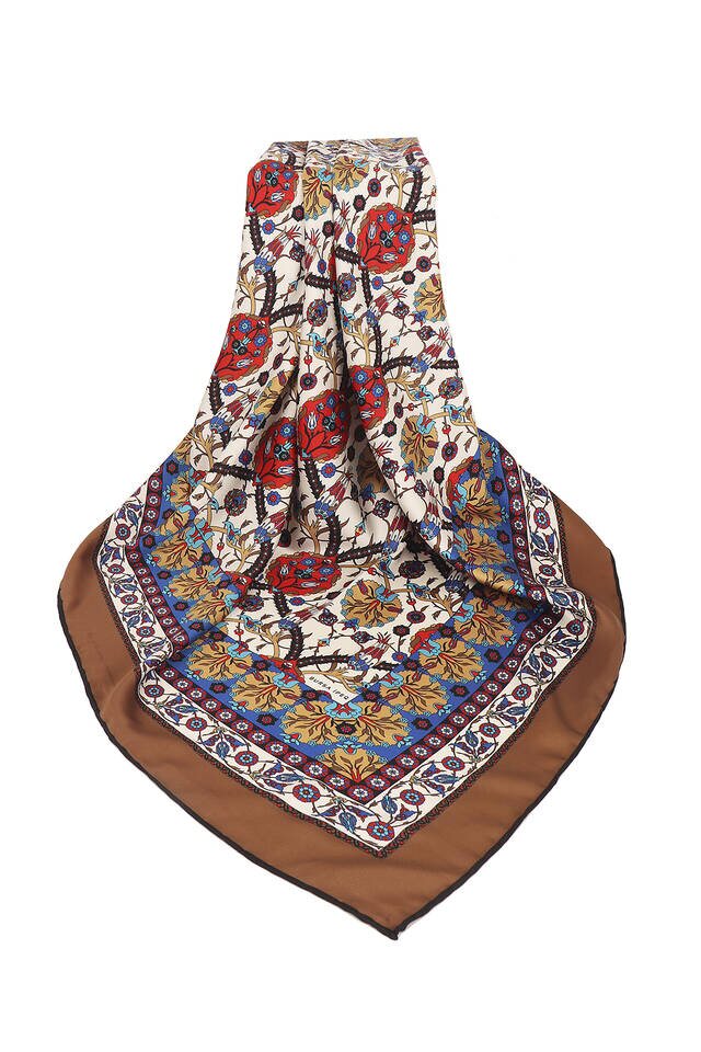 Kahverengi Çini Lale Desen İpeksi Eşarp - 3