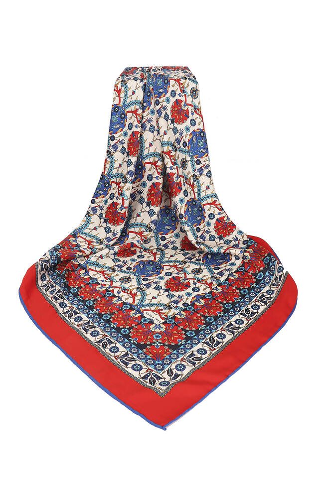 Kırmızı Çini Lale Desen İpeksi Eşarp - 3