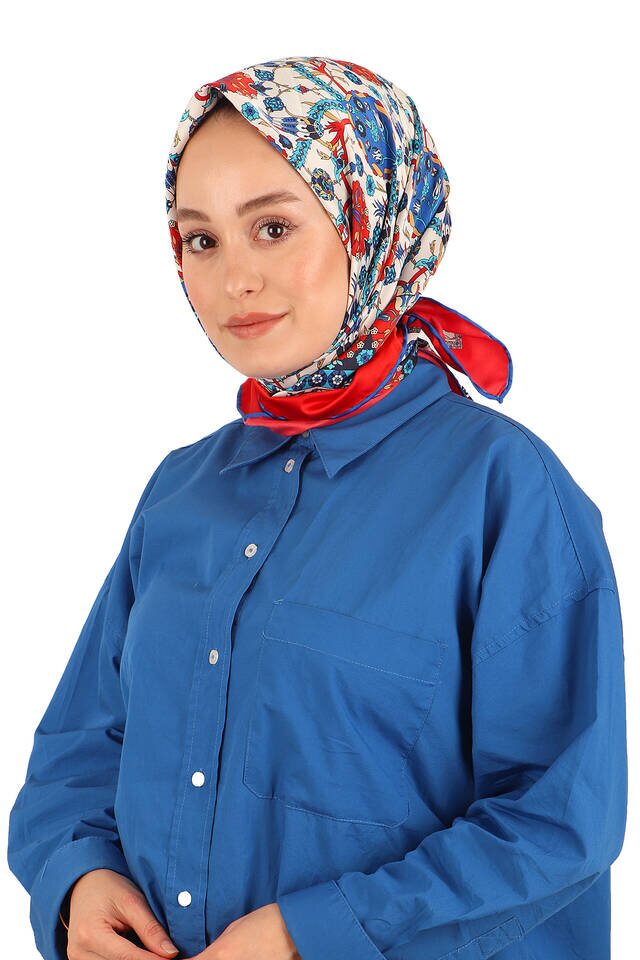 Kırmızı Çini Lale Desen İpeksi Eşarp - 2