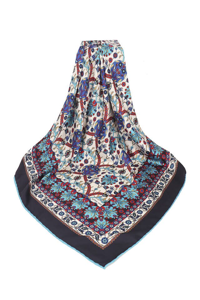Lacivert Çini Lale Desen İpeksi Eşarp - 3