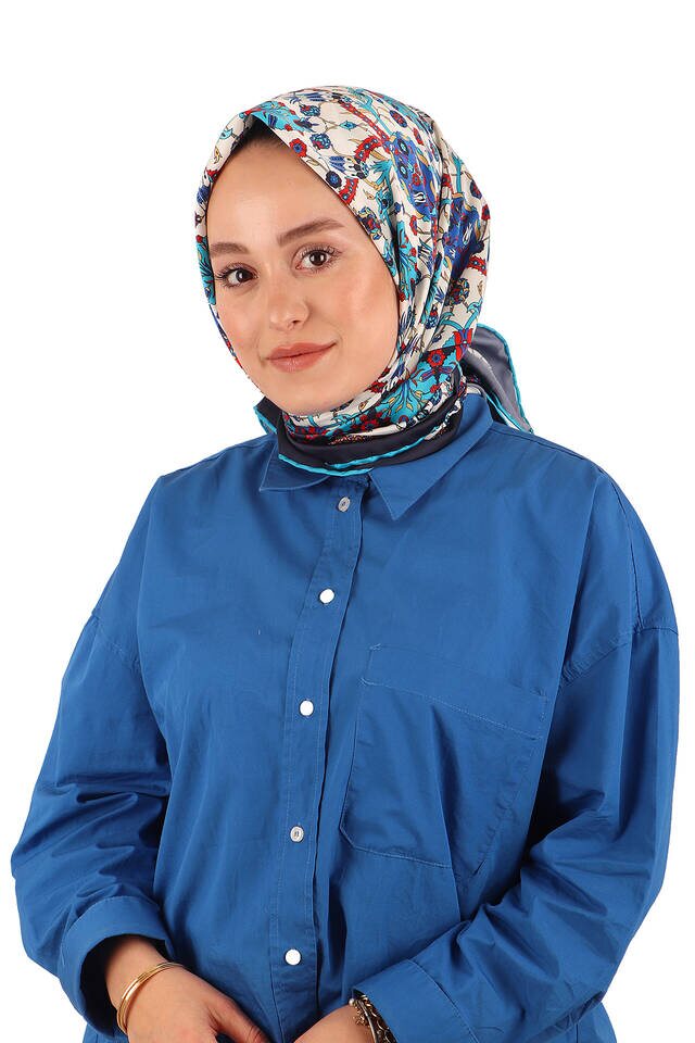 Lacivert Çini Lale Desen İpeksi Eşarp - 2