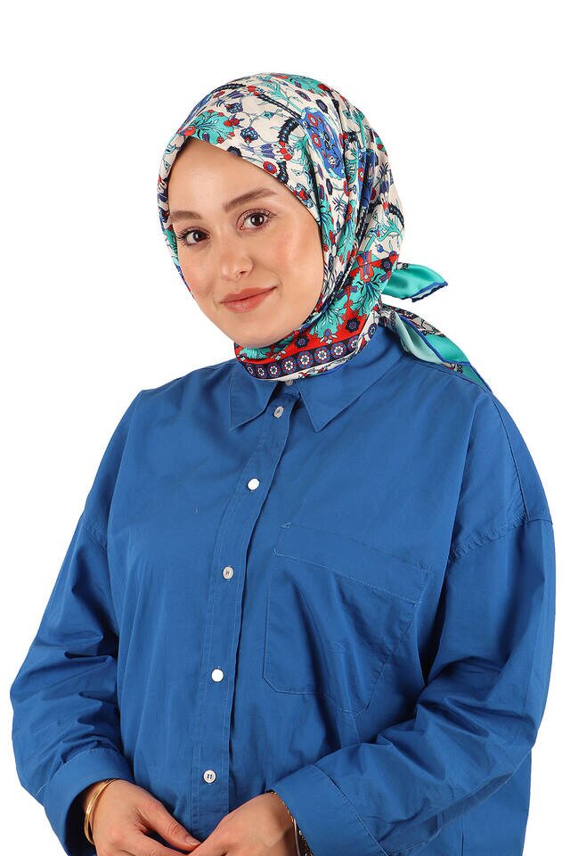 Mint Çini Lale Desen İpeksi Eşarp - 2