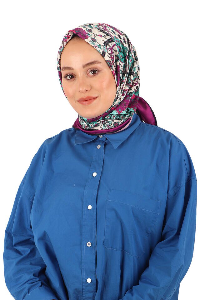 Mürdüm Çini Lale Desen İpeksi Eşarp - 2
