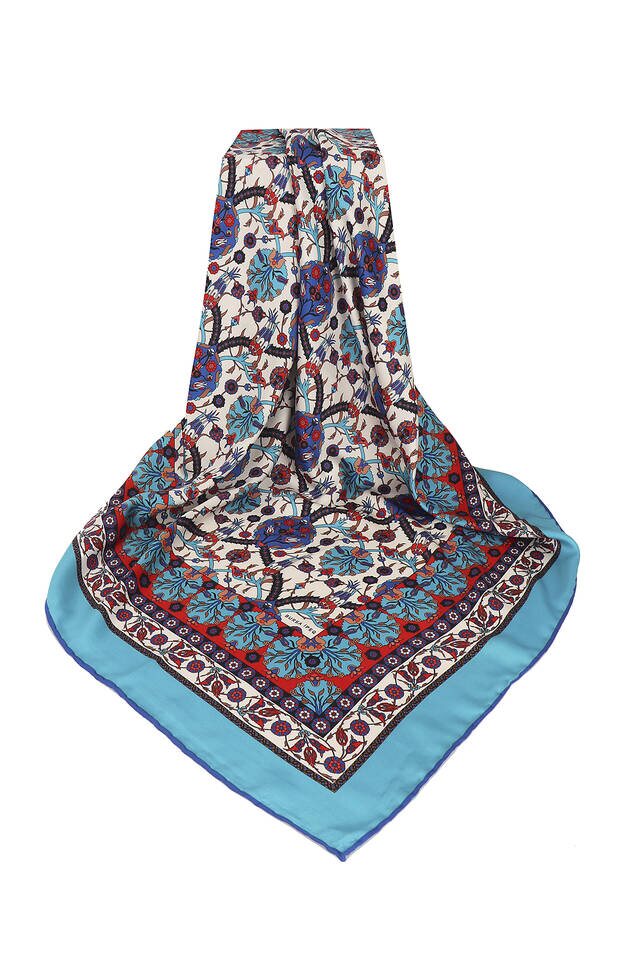Turkuaz Çini Lale Desen İpeksi Eşarp - 3