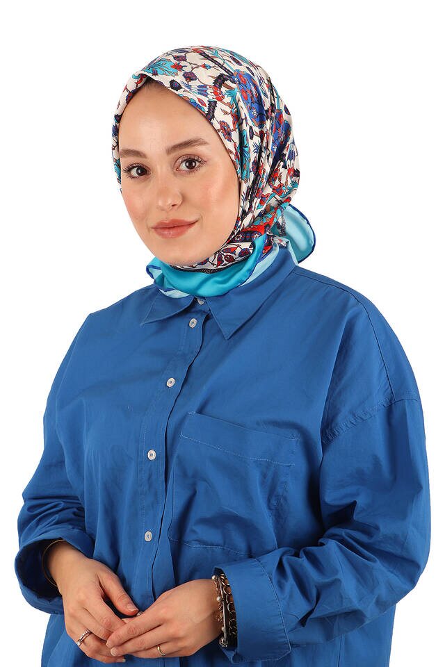 Turkuaz Çini Lale Desen İpeksi Eşarp - 2